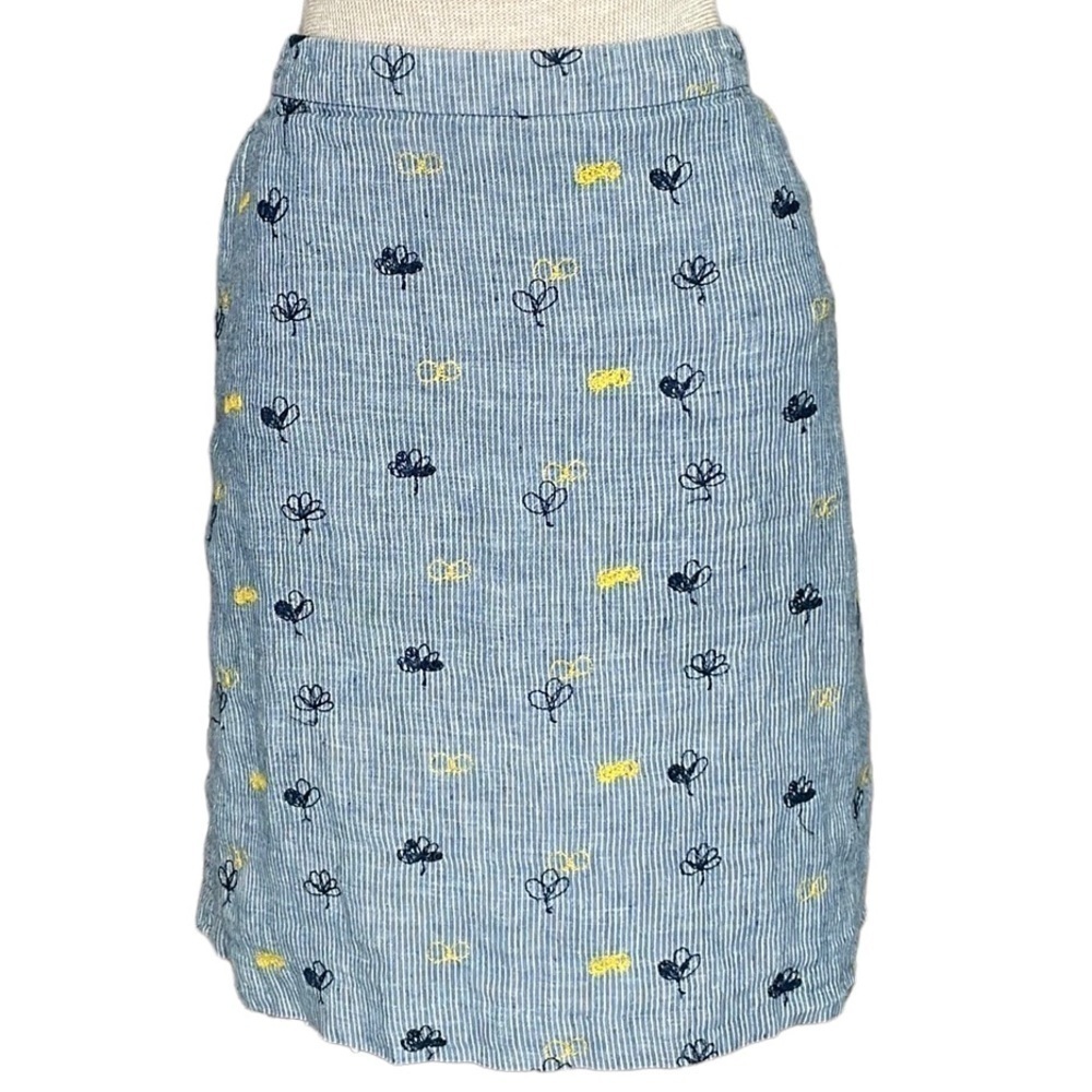 White Stuff Skirt Blue White Stripes Floral Embroidered Size 8
